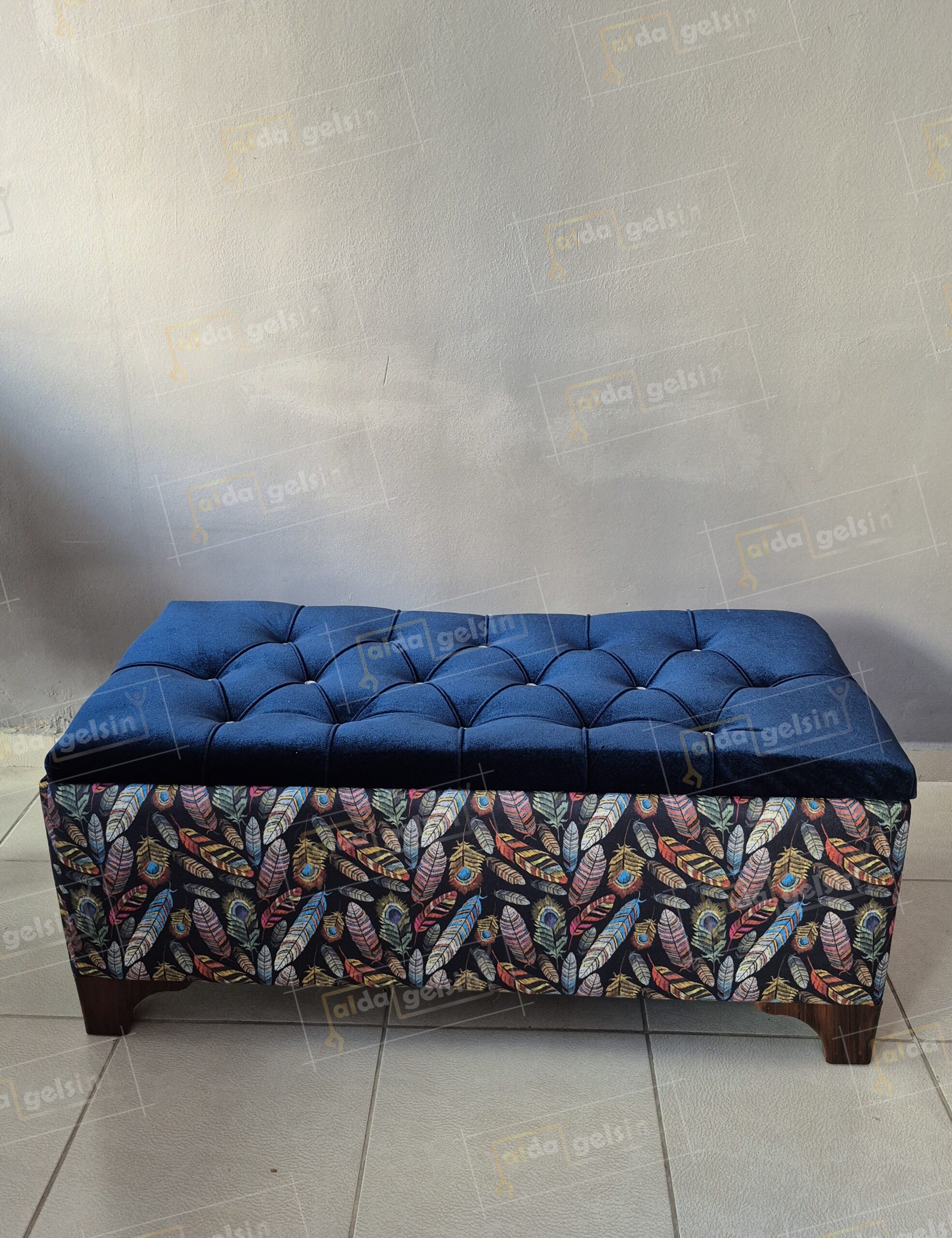 ALDASANDIKLIPUF Yaprak Desen Amartisörlü Kapitoneli Lüks Sandıklı Puf (100*45) - Görsel 3