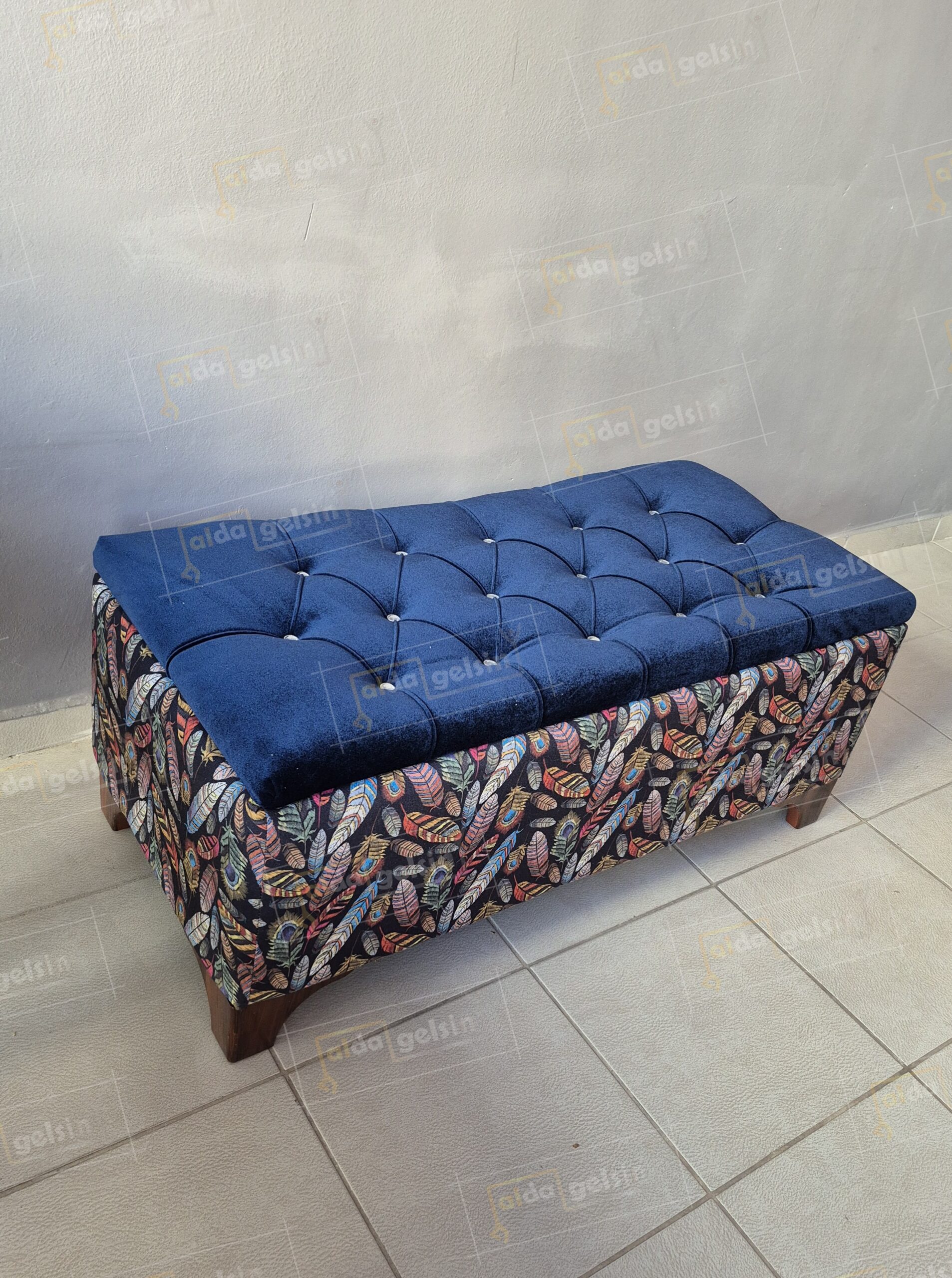 ALDASANDIKLIPUF Yaprak Desen Amartisörlü Kapitoneli Lüks Sandıklı Puf (100*45)