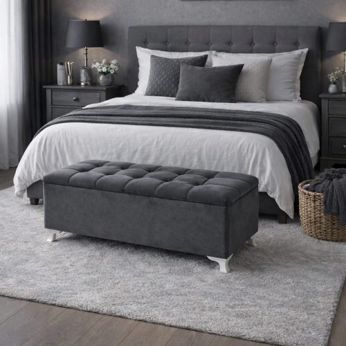 Yeni Model Lüks Çizgi Sandıklı Puf Bench 100 cm Beyaz Ayak